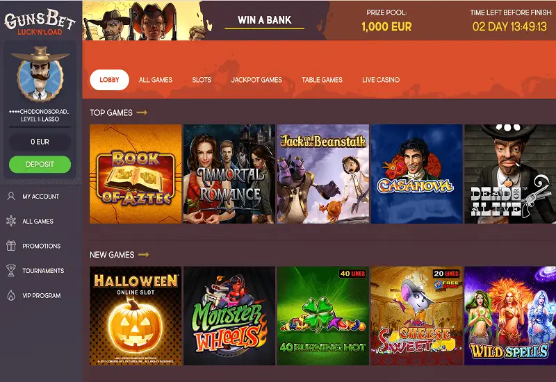 GunsBet Casino Home Page