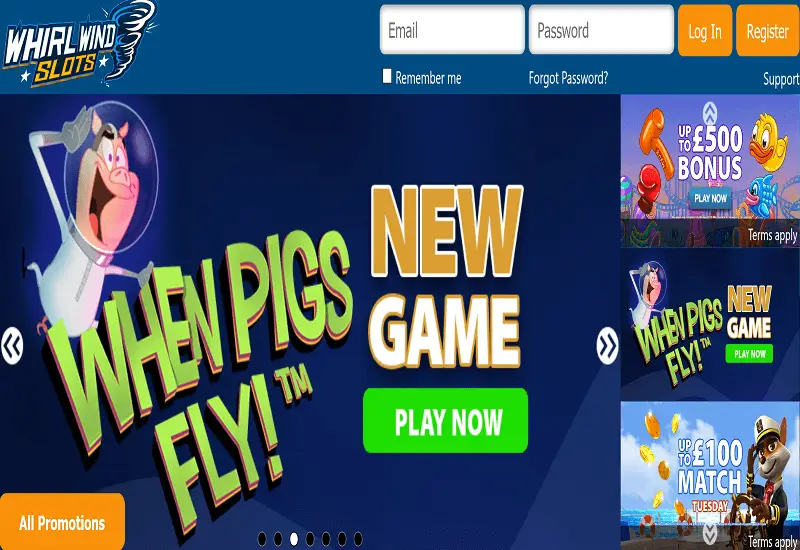 Whirlwind Slots Casino Home Page